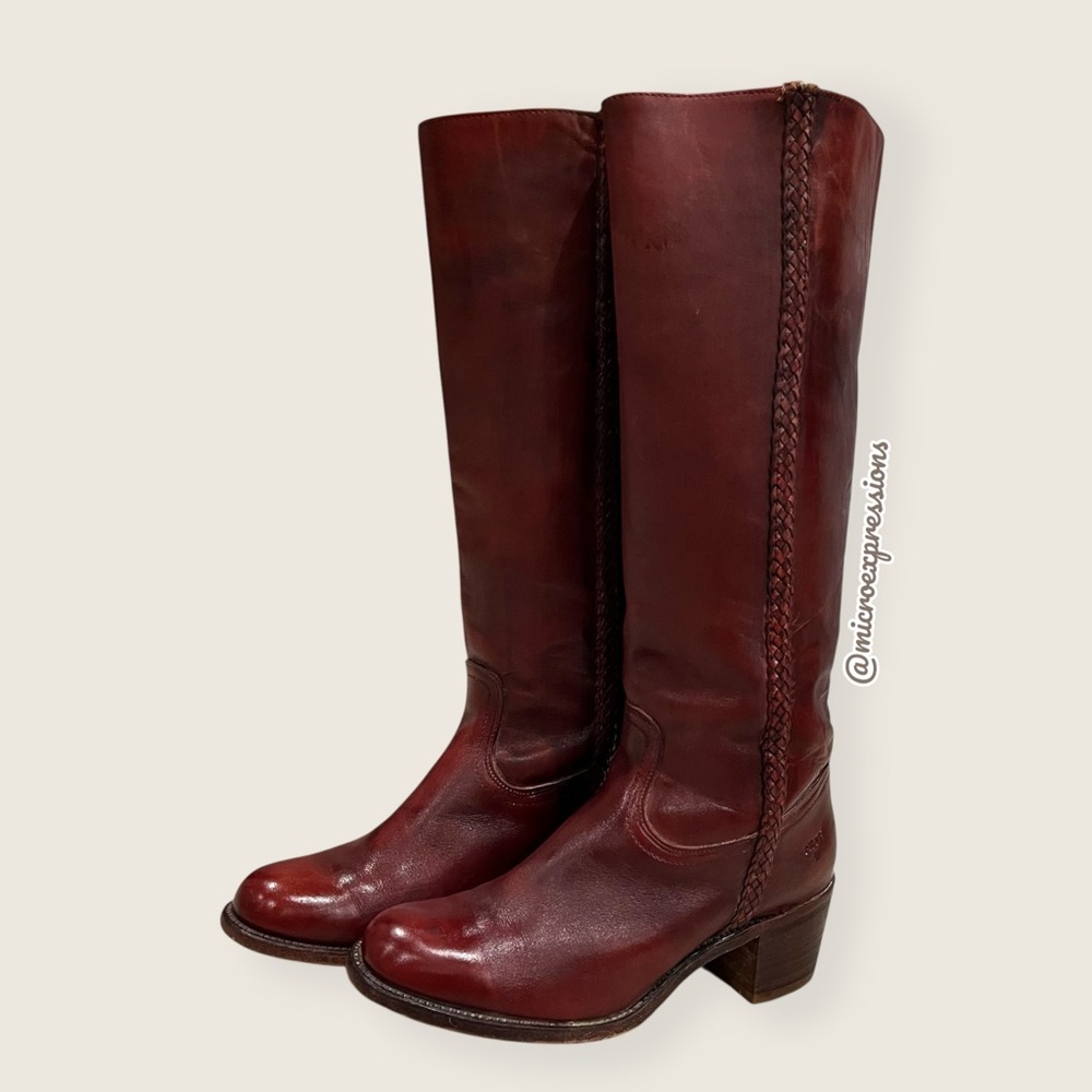 VINTAGE 1970s Frye Campus Leather Red-Brown Real Leather Braided Knee High Boot - Picture 8 of 16